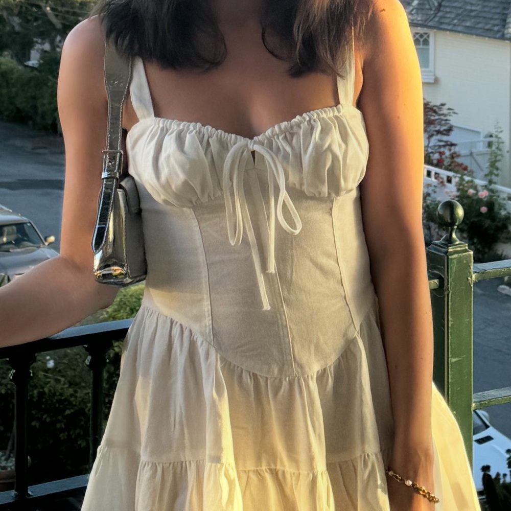 Pepper mayo drop waist corset white linen mini dress